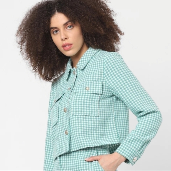 Only houndstooth crop jacket blazer green white size 36 @K - Picture 1 of 13